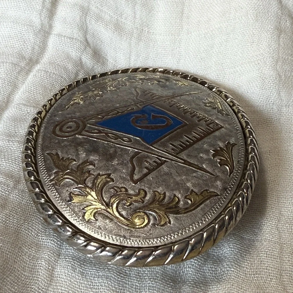 VTG Masonic Belt Buckle Freemason Square Compasses Blue Enamel Western Made USA